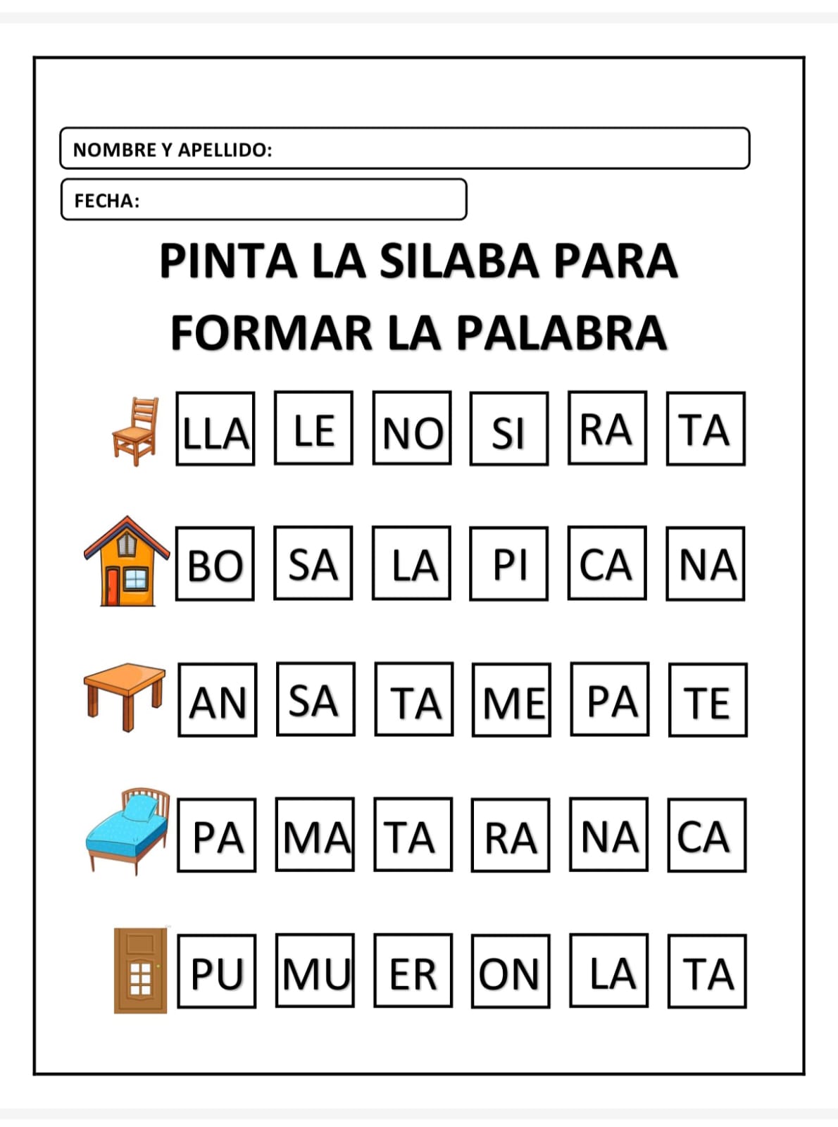 PINTA LA SILABA PARA FORMAR LA PALABRA