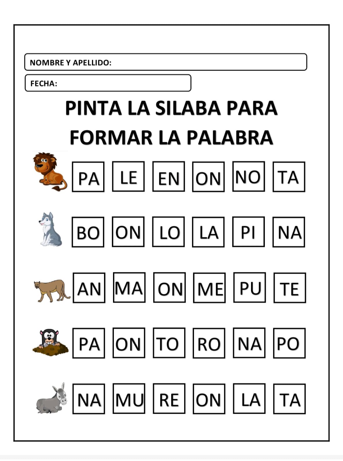 PINTA LA SILABA PARA FORMAR LA PALABRA