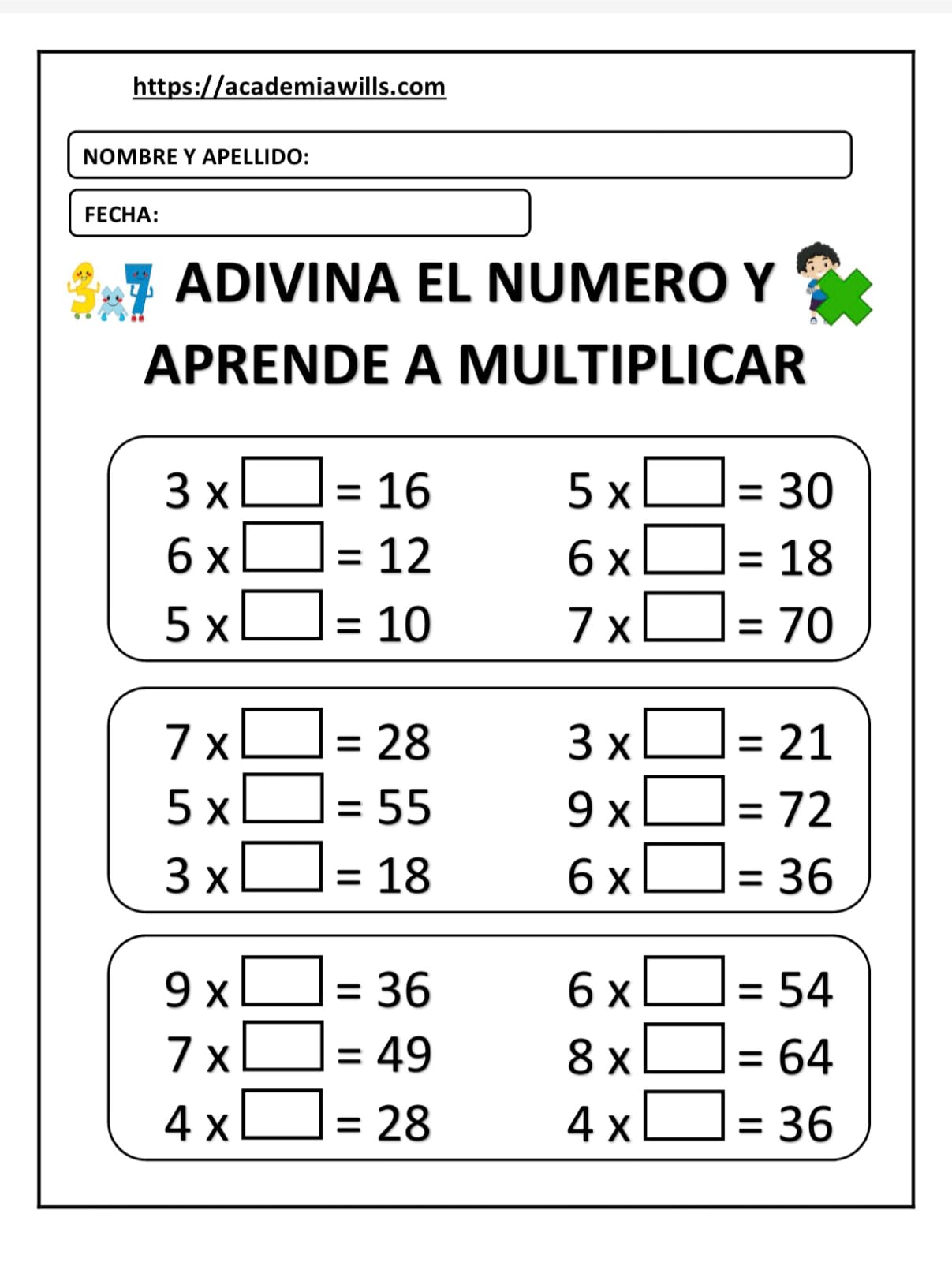 ADIVINA EL NUMERO Y APRENDE A MULTIPLICAR